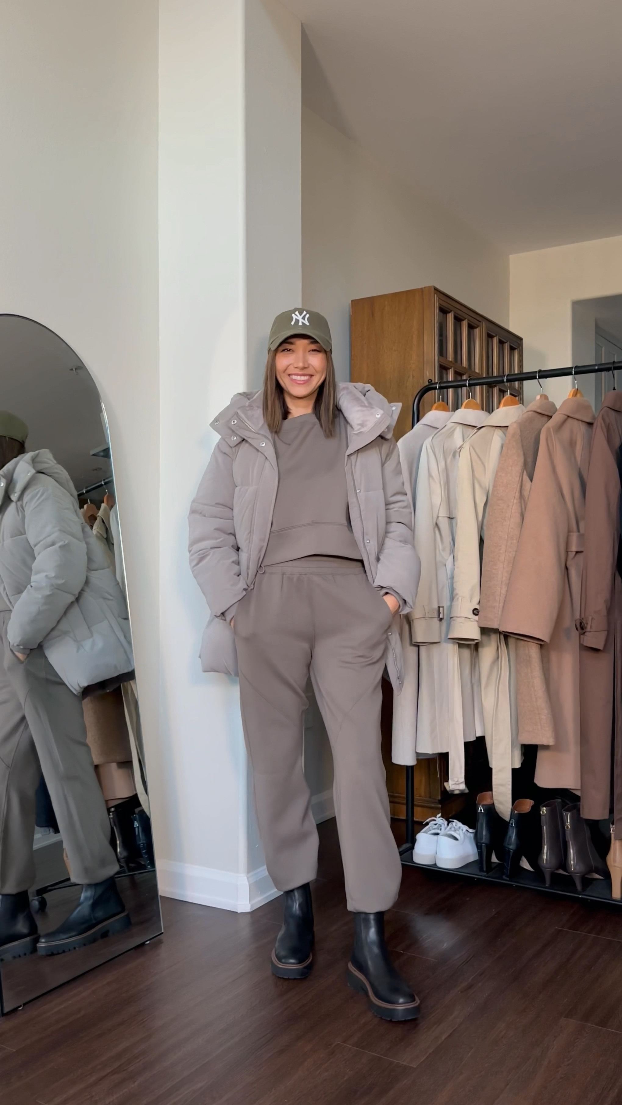 A comfy & cozy fall/winter outfit 🖤 

Use code CYBERAF for an extra 15% off 
Athleisure matching set xs [wearing “dune” color] - I recommend the gray sweat set for a fleece lined/lounge wear option 

Puffer coat xs - coat looks taupe online but it’s gray IRL! I’d recommend black. Linked more fave selects below 

Sneakers runs half size small 

Boots - on sale! My favorite waterproof lug sole boot 

#LTKsalealert #LTKCyberWeek #LTKfindsunder100