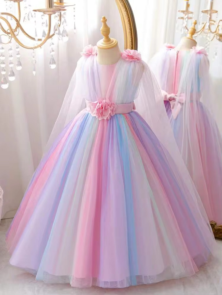 Girls' Long Gradient Rainbow Princess Dress, Fancy Layered Tulle Puff Sleeve Dress With 3D Flower... | SHEIN