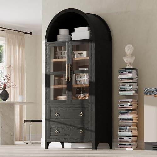 71" Arched Kitchen Pantry Cabinet, Modern Farmhouse Storage Cabinet with Glass Doors & 2 Deep Dra... | Amazon (US)