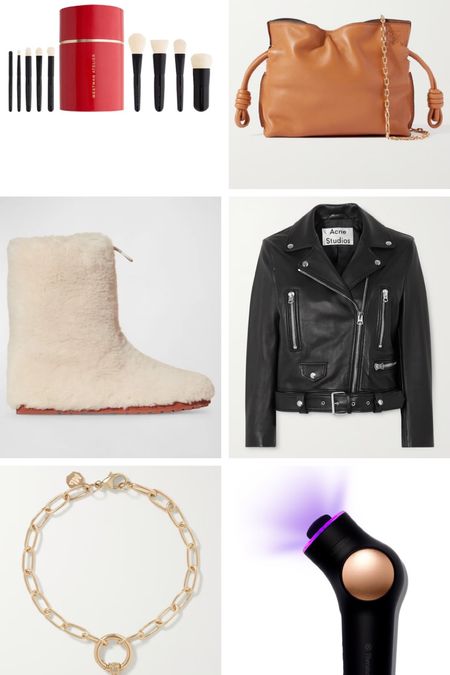 Looking for holiday gift guide ideas? We suggest gifting her a Westman Atelier Vegan Makeup Brush  Gift Set, Camel Flamenco Nano leather clutch from LOEWE, ivory Loro Piana Quinn Shearling Winter Ankle Boots, an Acne Studios Black Leather biker jacket, Heart 14-karat gold diamond bracelet by Marlo Laz or THERABODY’s Theraface Pro. #giftguide #boots #motojacket #leatherjacket #bracelet 

#LTKSeasonal #LTKHoliday #LTKGiftGuide