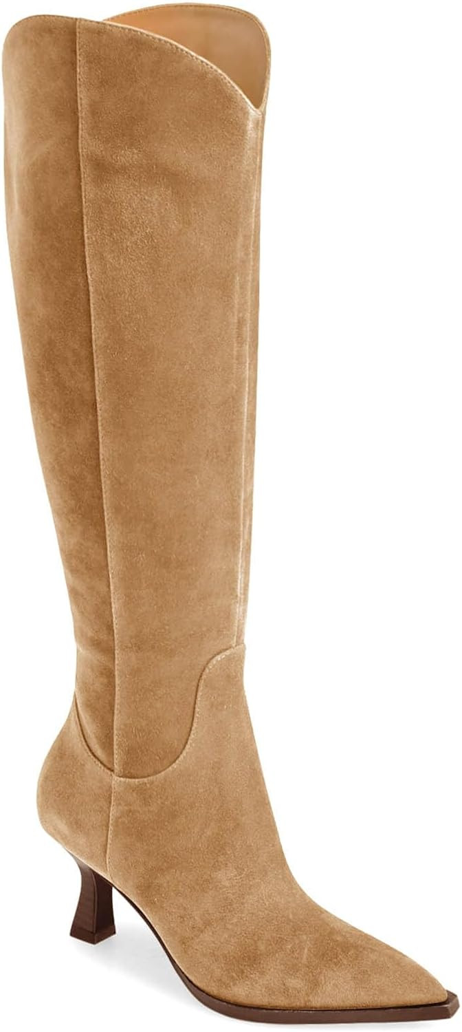 Coutgo Womens Wide Calf Knee High Boots Kitten Heel Pointed Toe Tall Boots Side Zipper Fall Winter Shoes | Amazon (US)