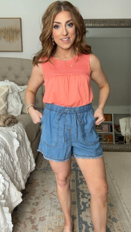 Love this casual Walmart fashion look! These adorable $12 crochet detail tank comes in a few colors. Recommend sizing down a size. Also love these cute, comfy chambray shorts. They run a little large as well.

Walmart fashion. Everyday style. Chambray shorts. LTK under 50. 