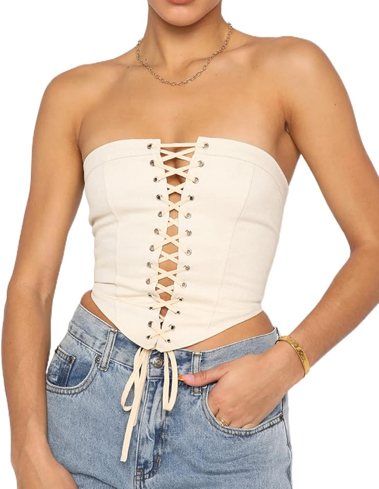 Women Backless Sexy Tube Top Sleeveless Lace Up Bustier Strapless Irregular Off Shoulder Cropped ... | Amazon (US)