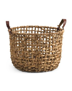 Large Round Open Twist Basket With Faux Leather Handles | TJ Maxx