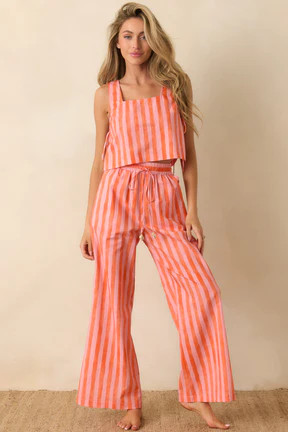 Paradisa Selima Pink & Orange Stripe Linen Blend Crop Top | Red Dress