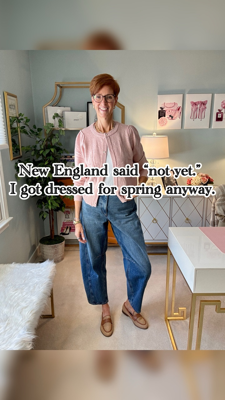 This is what I call a spring transition outfit with a very realistic disclaimer: I live in New England, so I truly have no idea whether spring is actually arriving or just visiting for a few hours.

Want the links? Like, Follow & Comment SHOP and I’ll send links right to your DM.

That is why I keep reaching for outfits like this. A white tee, a soft pink-peach cardigan, relaxed barrel jeans, and loafers that feel a little lighter than winter shoes — enough of a shift to feel spring-ish, but still grounded in real-life weather.

I think this is the sweet spot for getting dressed right now. Not fully winter, not fully spring, just a few softer colors and lighter pieces mixed into what already works. 

Save this for the next day the forecast says one thing and the air says another, and send it to a friend who is also trying to dress for spring without freezing.

If this found you at the right time, you’re exactly who I create for. Come along for timeless outfits, tall-friendly finds, and everyday style that actually works.

#ClassicEverydayStyle�#SpringTransitionStyle�#WomenOver40Style�#tallwomenstyle

#LTKootd #LTKTall #LTKOver40
