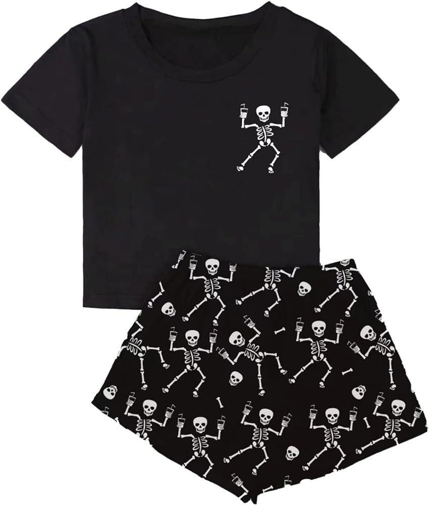 SweatyRocks Women's Cute Graphic Print Short Sleeve Crop Top With Shorts Pajama Set | Amazon (US)