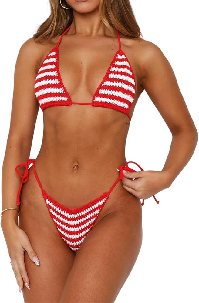Women Sexy Brazilian Bikini Set Halter String Triangle Tie Side Cheeky Thong 2 Piece Bathing Suit... | Amazon (US)