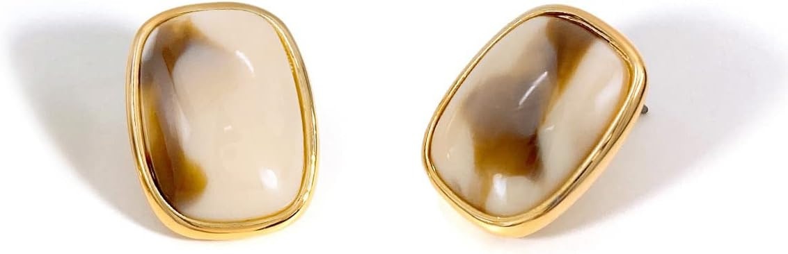 M.DUN- Round Edges Rectangle Shape Studs Earring. Abalone Amber Turquoise Resin Stone Design, 18k Real Gold Plated Bezel, Hypoallergenic Gorgeous Gift for Women | Amazon (US)