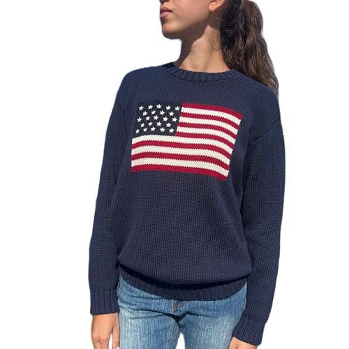 Women American Flag Sweater Long Sleeve Crew Neck Loose Fit Knit Pullover Tops USA Casual Loose Pullover Sweater | Amazon (US)