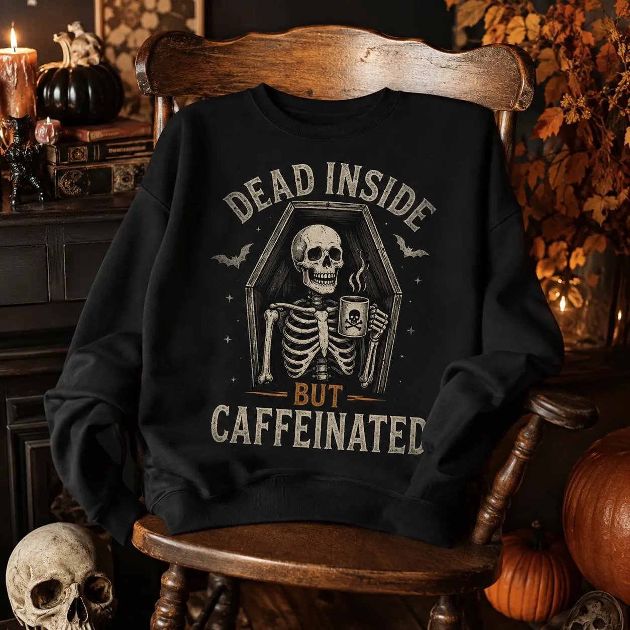 Dead Inside But Caffeinated Sweatshirt, Skeleton Coffee Halloween Sweater, Funny Spooky Season Pullover | Etsy (Global)