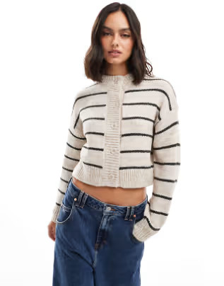 ASOS DESIGN crop crew neck cardigan in cream stripe | ASOS | ASOS (Global)