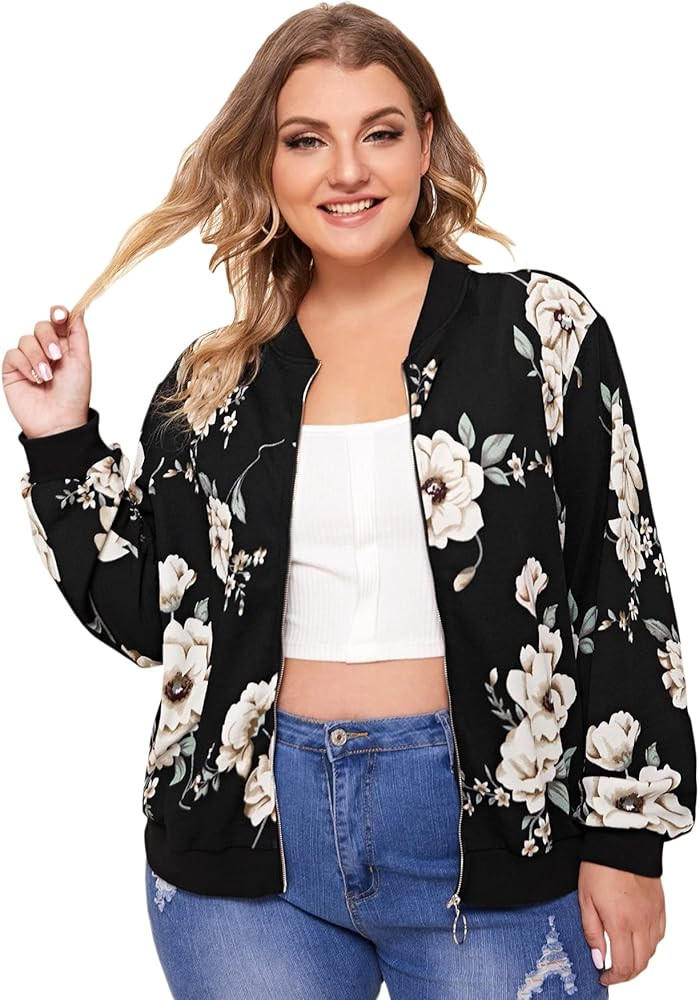 MakeMeChic Women's Plus Lightweight Floral Print Long Sleeve Zip Up Bomber Jacket Outwear | Amazon (US)