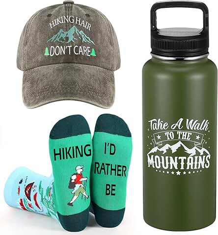 3 Pcs Hiking Gifts Hiking Hat 32oz Hiking Green Stainless Steel Tumbler Water Bottle with Spout Lid Funny Hiking Socks for for Men and Women Hiking Golfing Sports Lovers Gifts | Amazon (US)