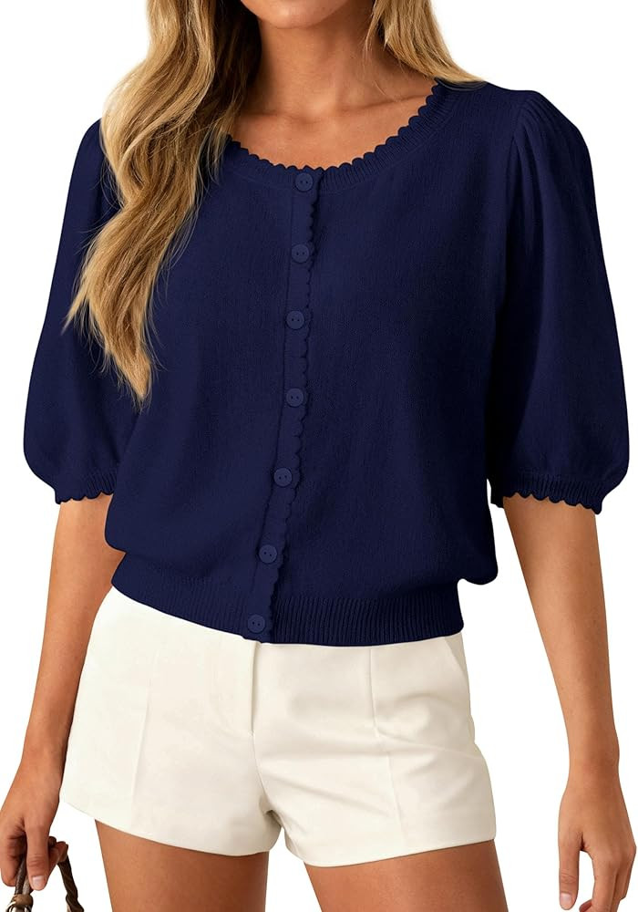 PRETTYGARDEN Puff Short Sleeve Cardigans for Women Lightweight 2026 Summer Shirts Button Up Knit ... | Amazon (US)