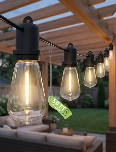 Konictom 50FT LED Outdoor String Lights - 27 Shatterproof ST38 Edison Bulbs - Waterproof Patio Decor for Outside - Dimmable Bistro Cafe Hanging Lights | Amazon (US)