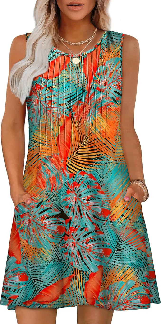 OFEEFAN Summer Dresses for Women 2025 Loose Beach Vacation Casual Crew Neck Sleeveless Sundresses... | Amazon (US)
