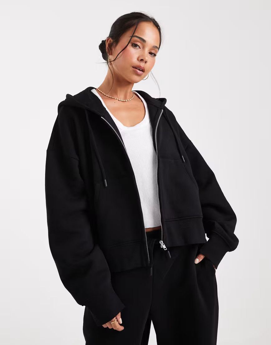 ASOS DESIGN cropped zip up brushback hoodie in black | ASOS (Global)