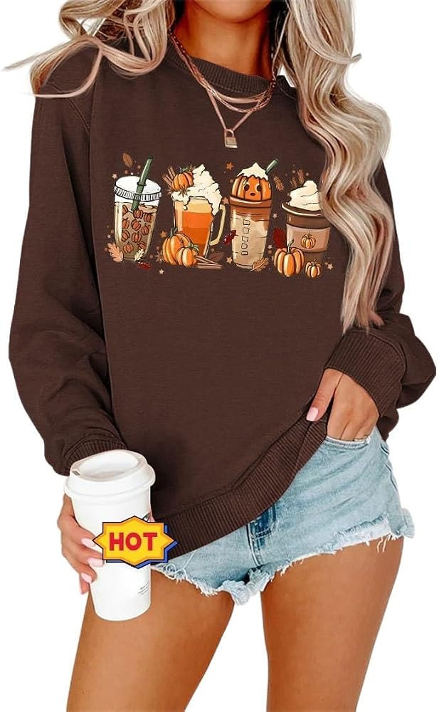 Cdiecer Women Halloween Sweatshirt Pumpkin Coffee Graphic Shirts Retro Fall Sweatshirt Thanksgivi... | Amazon (US)