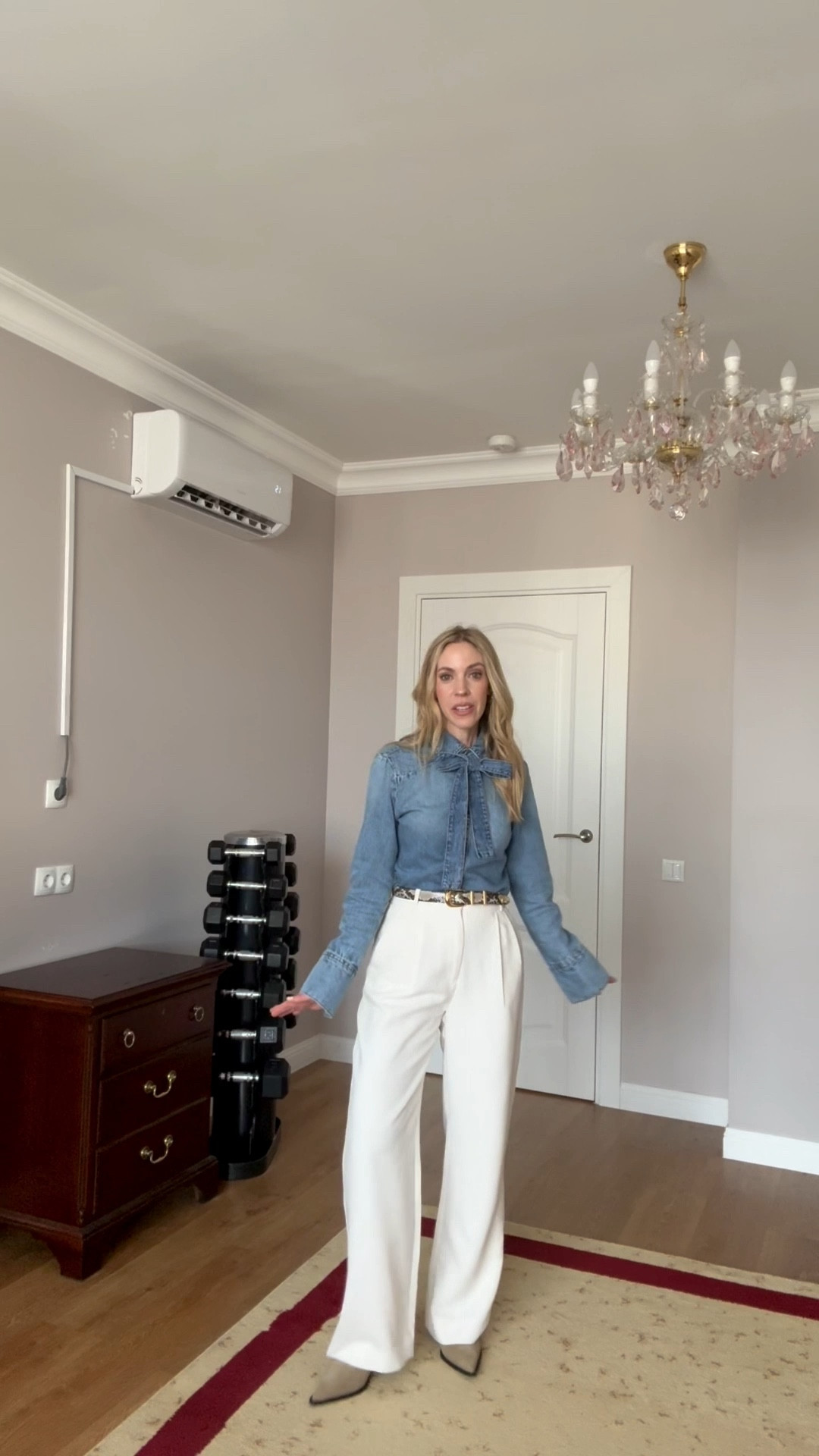 Workwear look of the day, denim bow blouse, snakeskin belt, cream trousers, spring office outfit

#LTKootd #LTKOver40 #LTKWorkwear