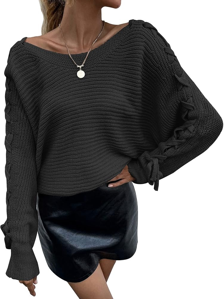 PRETTYGARDEN Women's Fall Sweater Oversized Crewneck Batwing Sleeve Lace Up Chunky Pullover Jumpe... | Amazon (US)