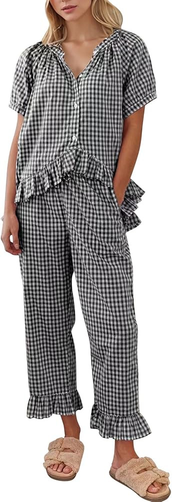 COZYPOIN Womens Gingham Pajama Set 2 Piece Plaid Cotton Pjs Cute Ruffle Sleepwear Maternity Bride... | Amazon (US)