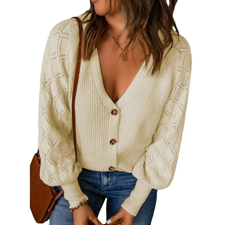 Eytino Button Down Cardigan Sweaters for Women Long Sleeve Open Front Knit Sweater | Walmart (US)