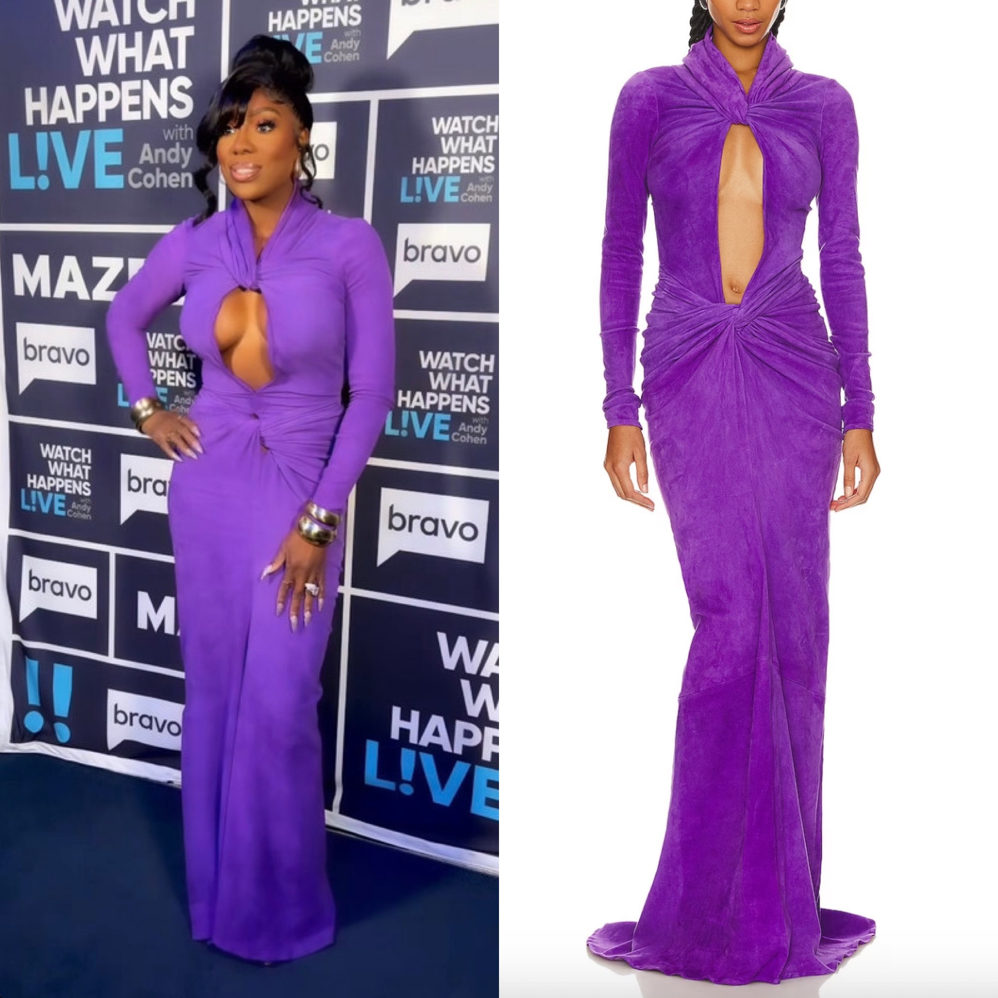 Wendy Osefo’s Purple Twisted Cutout Dress on #WWHL 📸= @bravowwhl