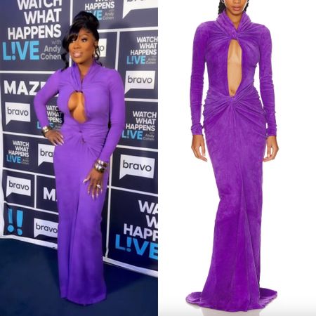 Wendy Osefo’s Purple Twisted Cutout Dress on #WWHL 📸= @bravowwhl