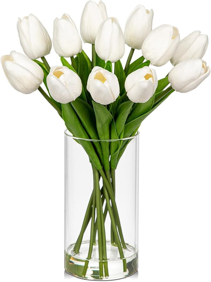 DILATATA 12 Pcs Artificial Real Touch Tulips Flowers in Glass Vase with Faux Water, Tulips Fake A... | Amazon (US)
