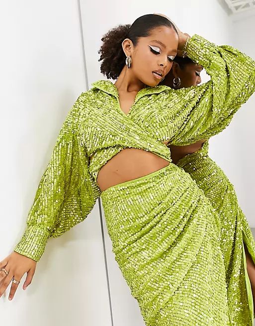 ASOS EDITION slouchy sequin wrap front shirt in lime green | ASOS (Global)