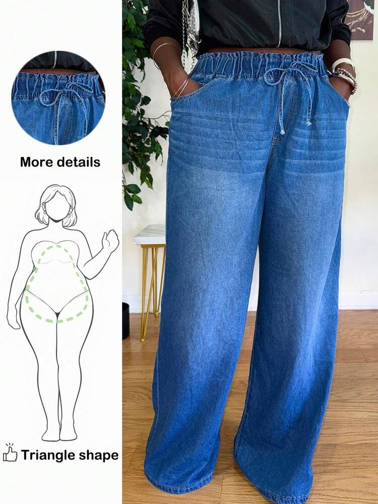 Truni Theloveshegives Plus Size Women's Navy Blue Ruffle Waist Loose Baggy Jeans Summer 4th Of July 4th Of July Women Fourth Of July Work Clothes Women Airport Outfit For Women Vacay Outfits Women Club High Waisted Jeans Vintage Wide Leg Jeans Tall Jeans, For Pear Triangle Body Shape | SHEIN