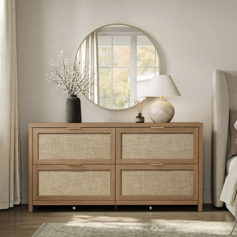 SICOTAS 4 Drawer Dresser for Bedroom, 60.83" Wide Rattan Dressers with Gold Handles & Rolling Whe... | Walmart (US)