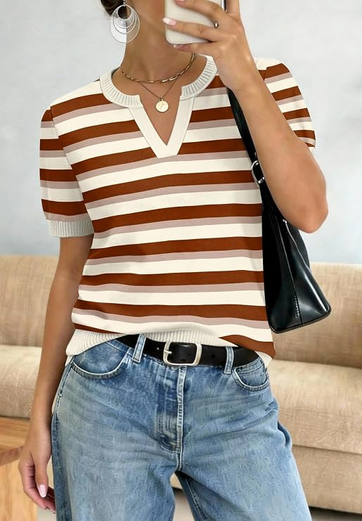 WIHOLL Short Sleeve Sweater Tops 2026 Spring Summer Trendy Knit Business Casual Essential V Neck ... | Amazon (US)