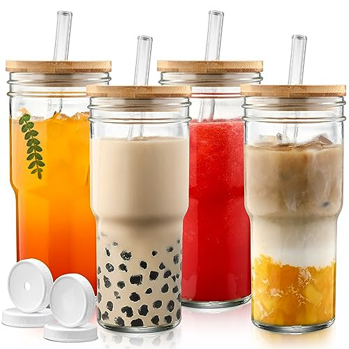 DWTS DANWEITESI Mason Jar with Lid and Straw,24 oz Iced Coffee Cup with Bamboo Lid and Straw,Boba Cups Smoothie Tumbler-Wide Mouth Reusable Glass Cups with Lid and Straws【4 Pack】 | Amazon (US)