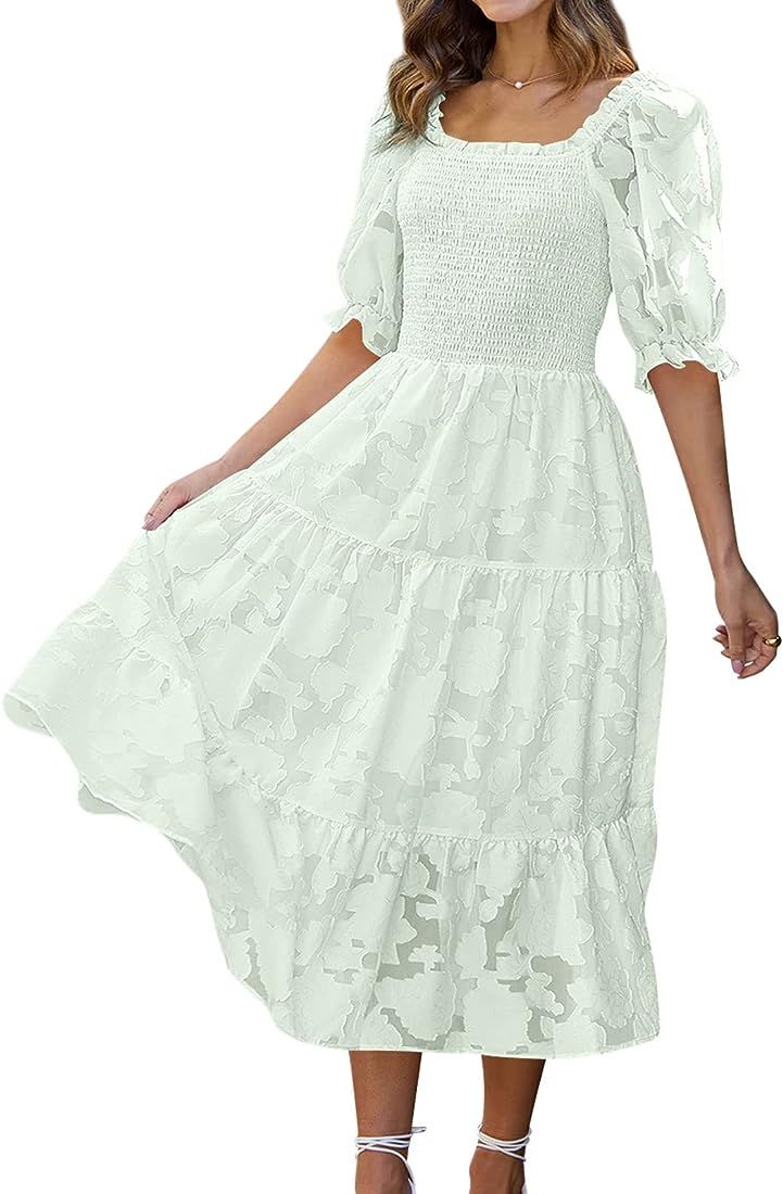 LILLUSORY Women's Midi Puff Sleeve Summer Dress 2023 Lace Flowy Square Neck Tiered Ruffle Dress | Amazon (US)