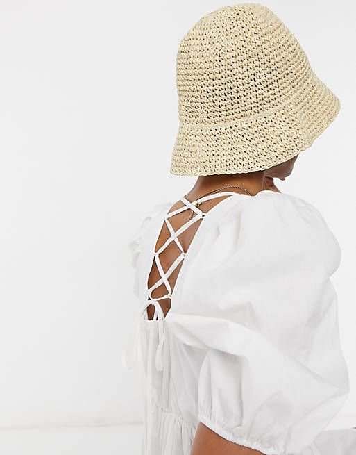 ASOS DESIGN crochet straw bucket hat in beige | ASOS (Global)
