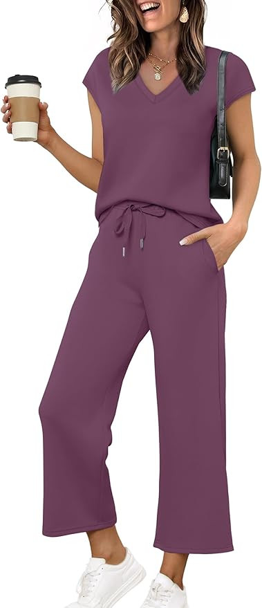 Saloogoe Two Piece Sets for Women Summer Outfits Lounge Sets V Neck Tops Wide Leg Pants Woman Vac... | Amazon (US)