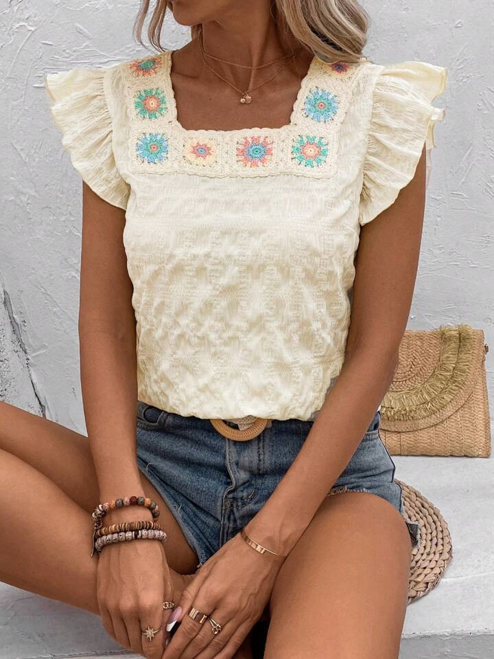 SHEIN VCAY Ladies Square Neckline Crocheted Lace Patchwork Short Puff Sleeve Textured Shirt | SHE... | SHEIN