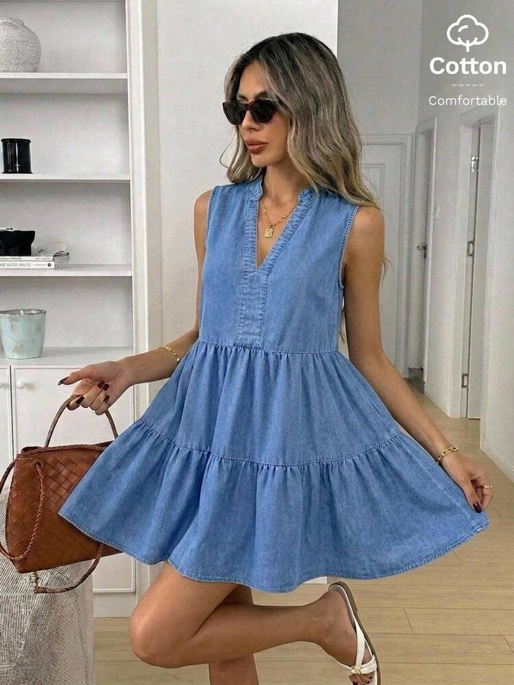 Easowa Damen V-Ausschnitt Gerafftes l\u00e4ssig Party Denim Kleid | SHEIN