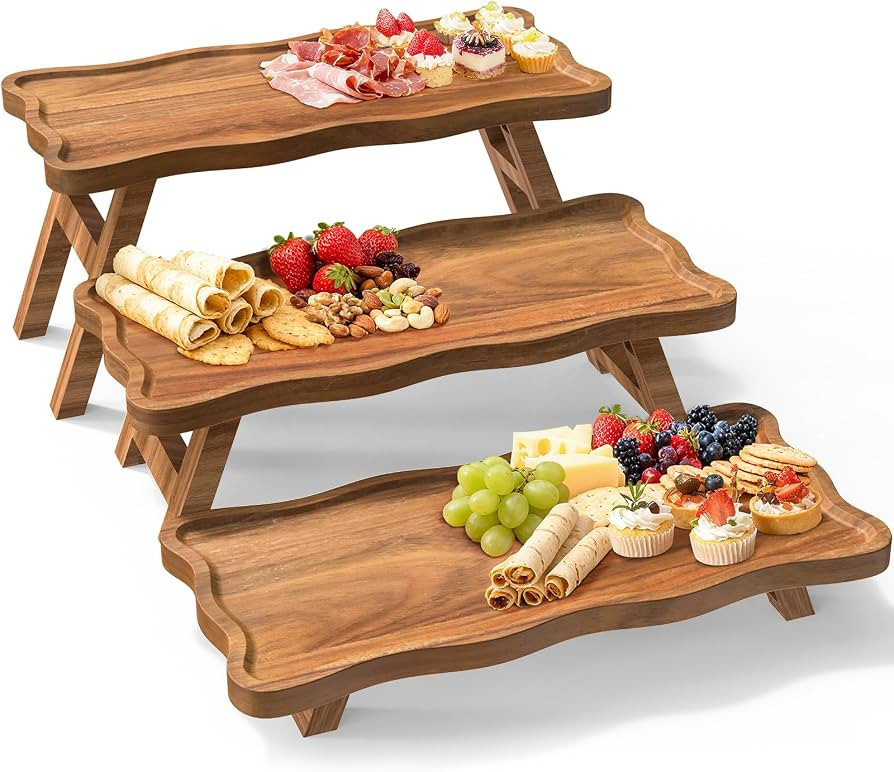 Acacia Wood 3 Tier Cupcake Stand, Serving Tray for Party, Foldable Dessert Table Display Set, Tie... | Amazon (US)