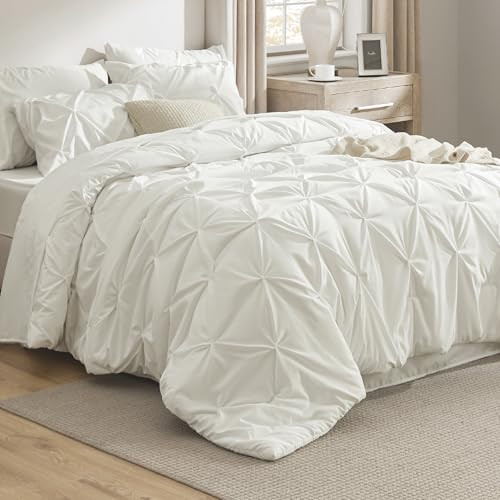 Bedsure Queen Comforter Set Ivory - Bed in a Bag Queen Size Bedding 7 Pieces, GentleSoft™ Pintuck Bed Set Gift for Family, Pinch Pleat All Season Comforter with Sheets, Pillowcases & Shams | Amazon (US)