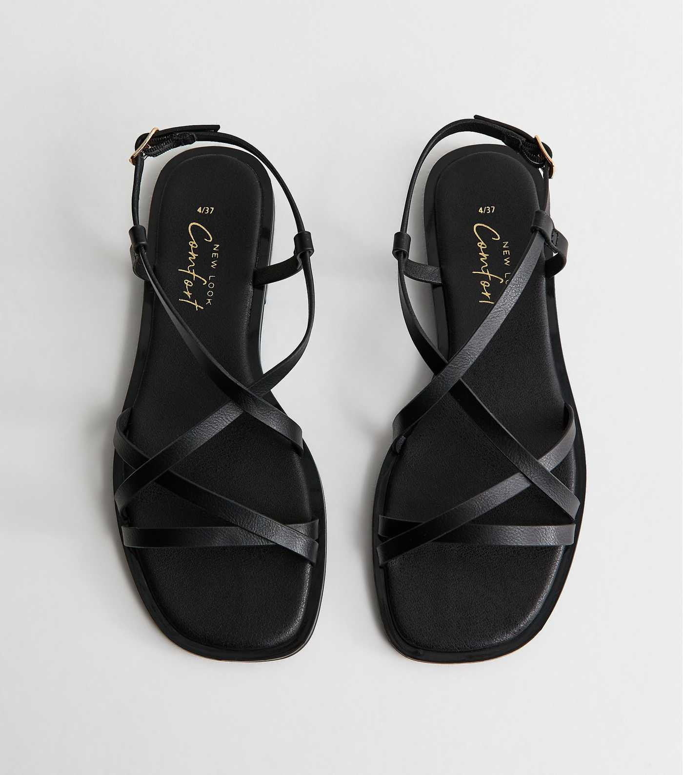 Black Faux Leather Strappy Square Toe Flat Sandals | New Look | New Look (UK)