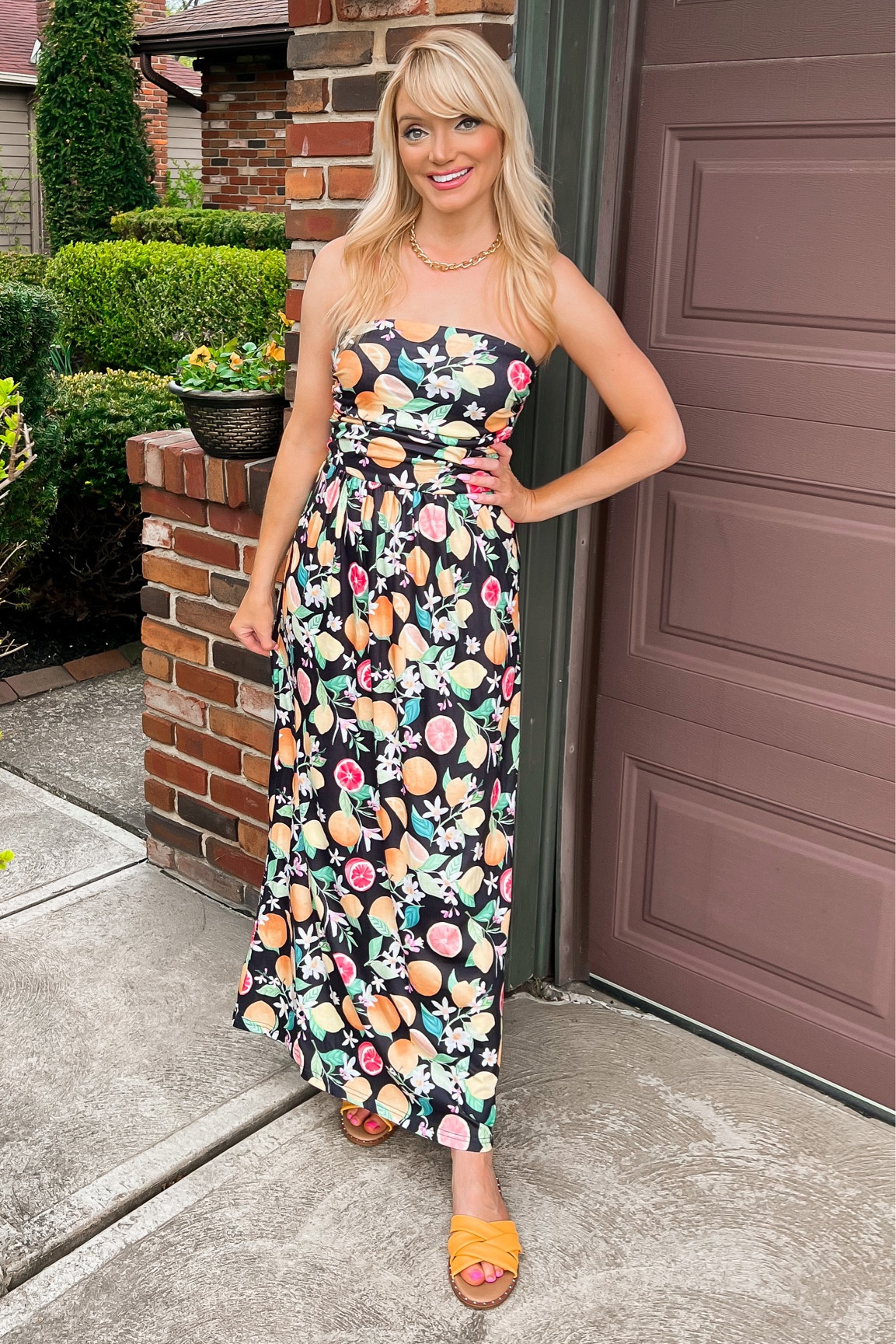 Citrus print strapless maxi dress with pockets - colorful slides - summer sandals - Amazon fashion - summer dress - summer dresses - sundress 

#LTKshoecrush #LTKSeasonal #LTKunder50