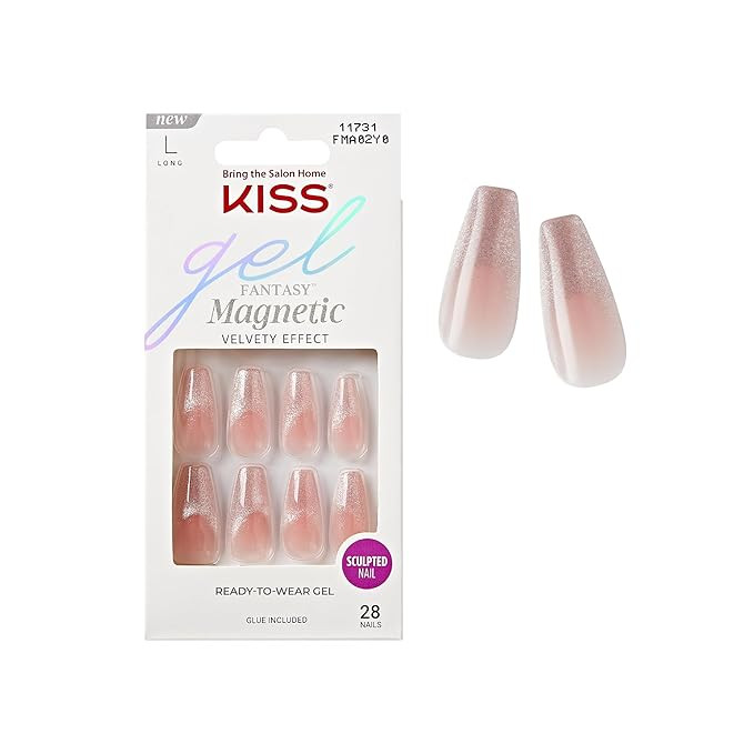 KISS Gel Fantasy 28 Pcs Press On Nails, Long Coffin Fake Nails, Pink Magnetic Cat Eye French Tip ... | Amazon (US)