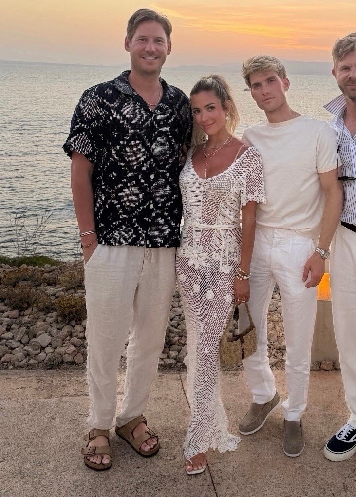 Austen Kroll wearing a patterned Jacard Kamp collar button front short sleeve crocheted shirt