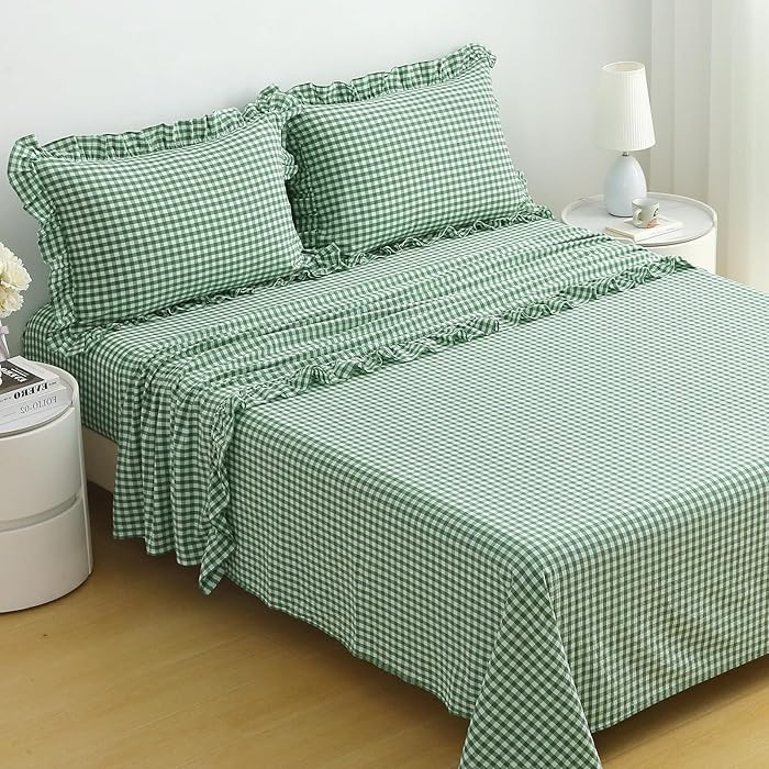 Christmas Green White Plaid Ruffle Gingham Sheets King Size 4-Piece Set, 300TC 100% Yarn Dyed Cot... | Amazon (US)