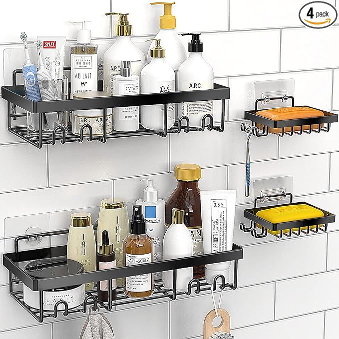 Moforoco Shower Caddy Shelf Organizer Rack, Self Adhesive Black Bathroom Shelves Basket, Home Far... | Amazon (US)