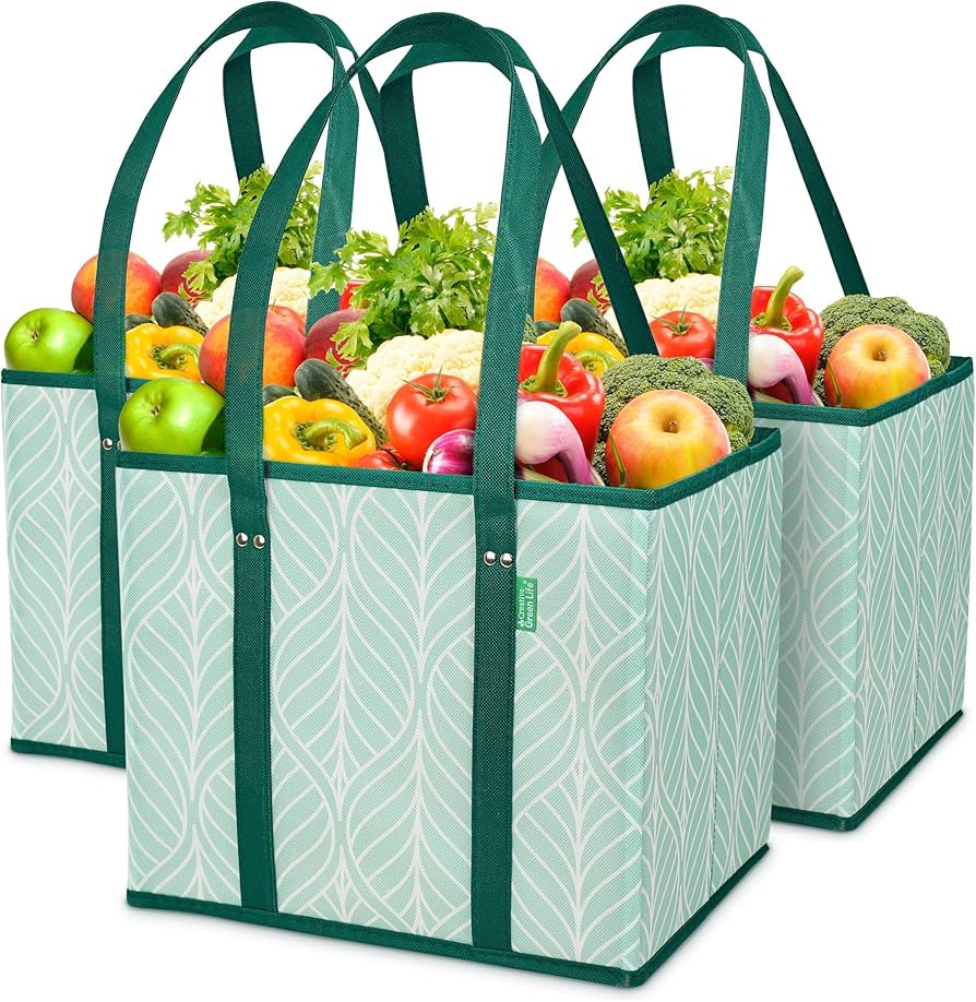 Reusable Grocery Bags (3 Pack) – Heavy Duty Reusable Shopping Bags for Groceries with Box Shape... | Amazon (US)