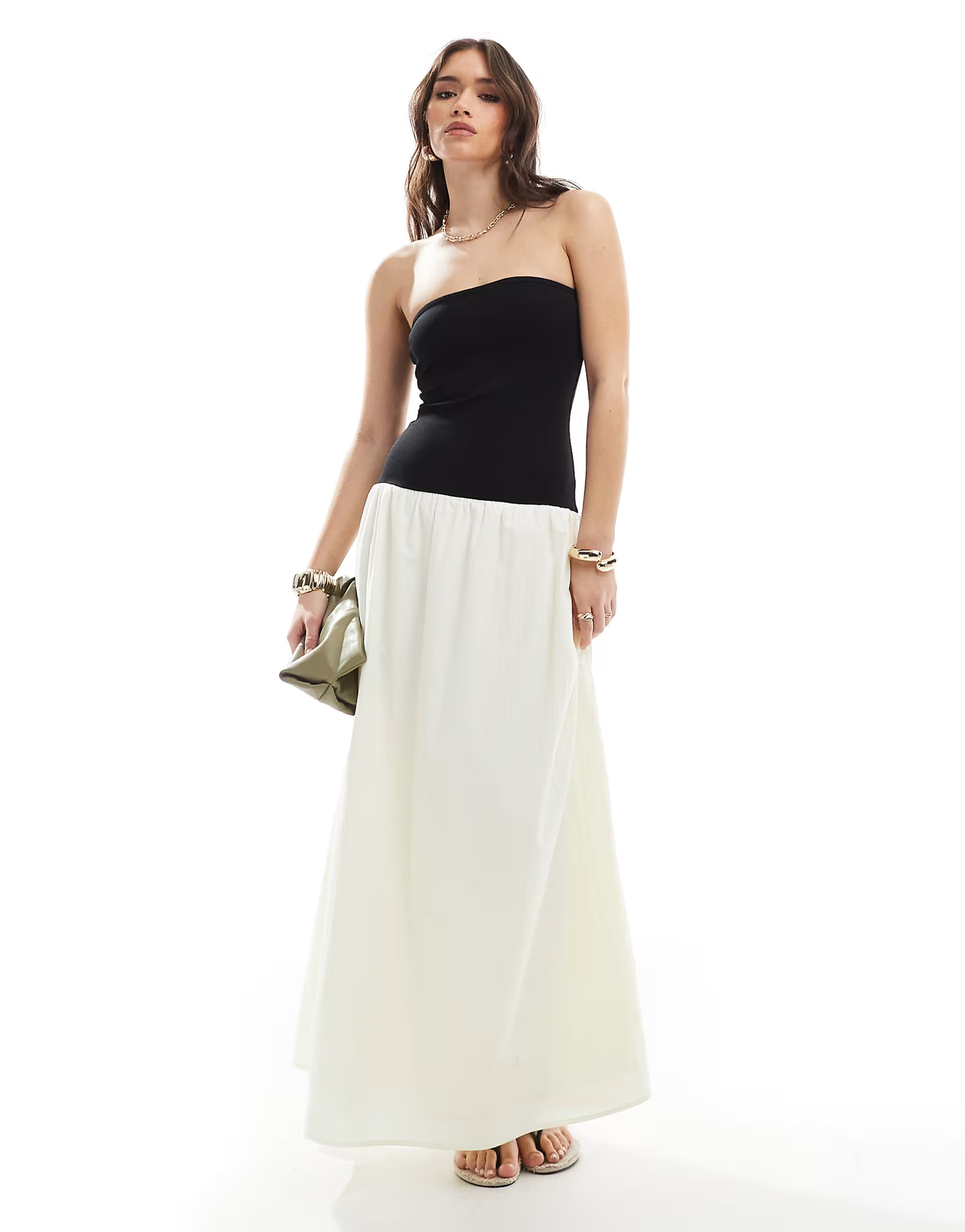 4th & Reckless bandeau contrast drop waist maxi dress in black and cream | ASOS (Global)